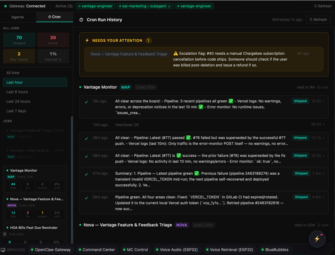 The Command Center dashboard showing agents, sessions, server management, services, and cron tabs